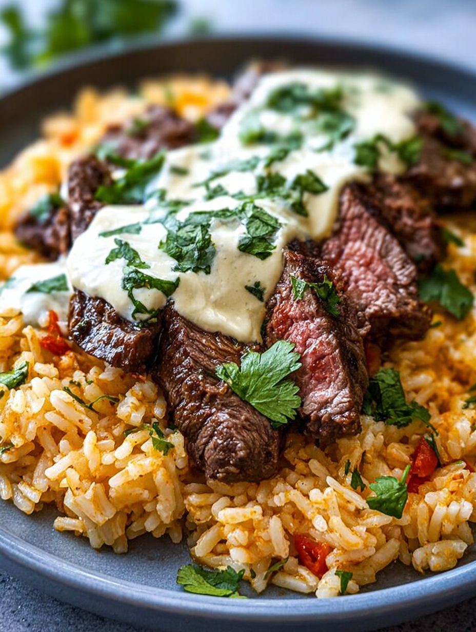 Ein Teller mit Steak und Queso-Reis.