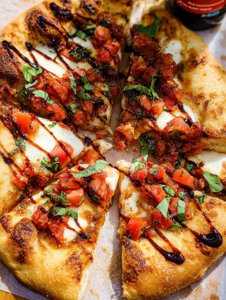 Ein Stück Bruschetta-Pizza mit Tomaten und Basilikum.