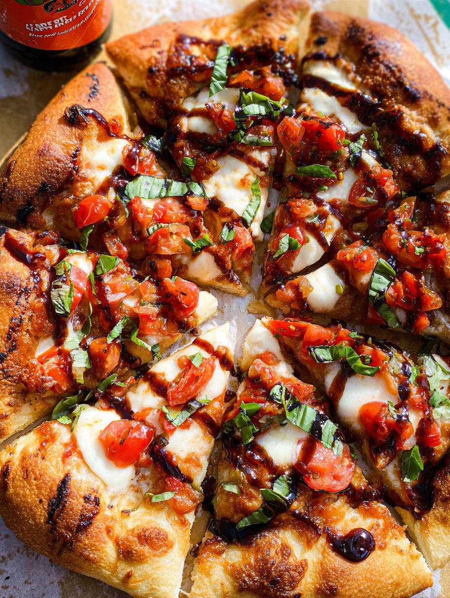 Ein Stück Bruschetta-Pizza mit Tomaten und Basilikum.