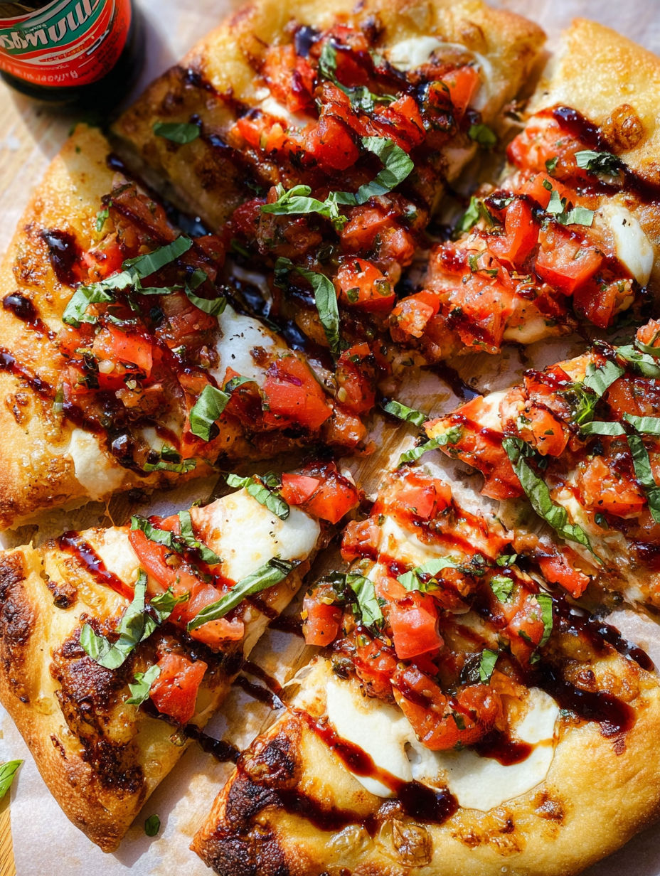 Ein Stück Bruschetta-Pizza mit Tomaten und Basilikum.