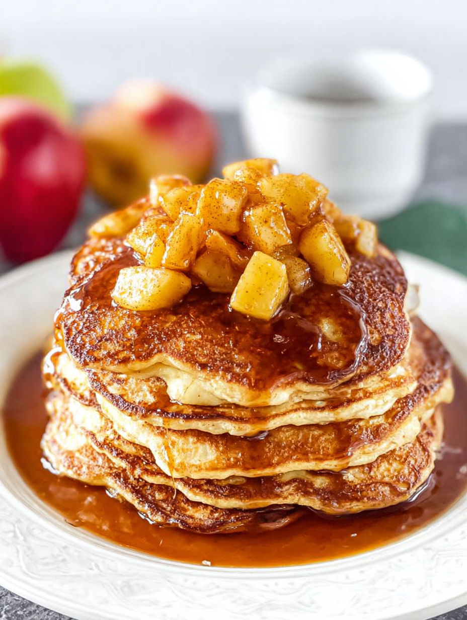 Ein Stapel Pfannkuchen mit Apfel-Zimt-Belag.
