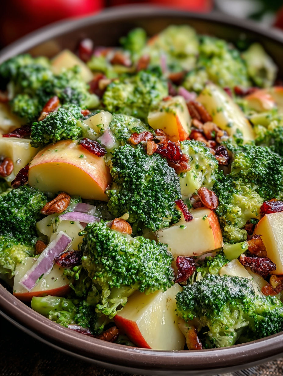Eine Schale Brokkolisalat mit Honeycrisp-Äpfeln.