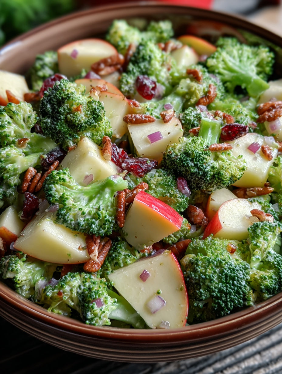 Schale mit Brokkoli- und Honeycrisp-Apfelsalat.