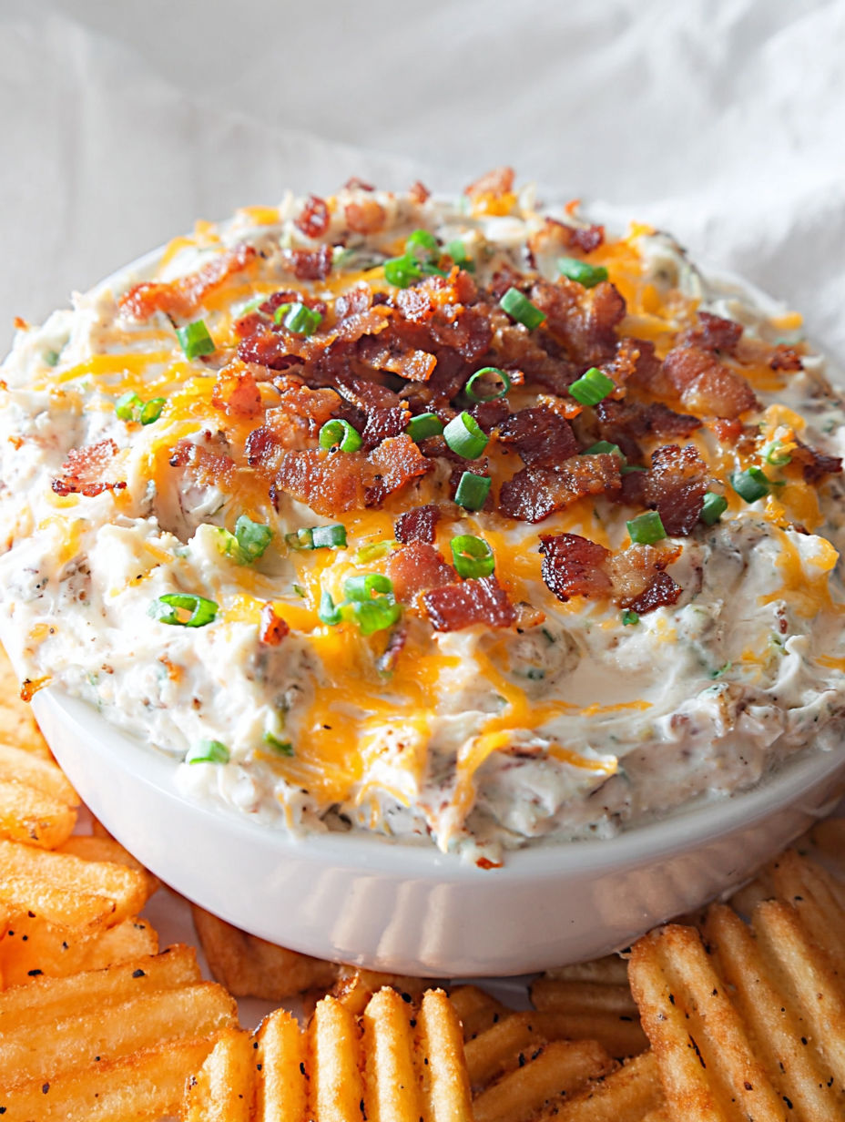 Ein cremiger Ofenkartoffel-Dip mit Speck und Käse