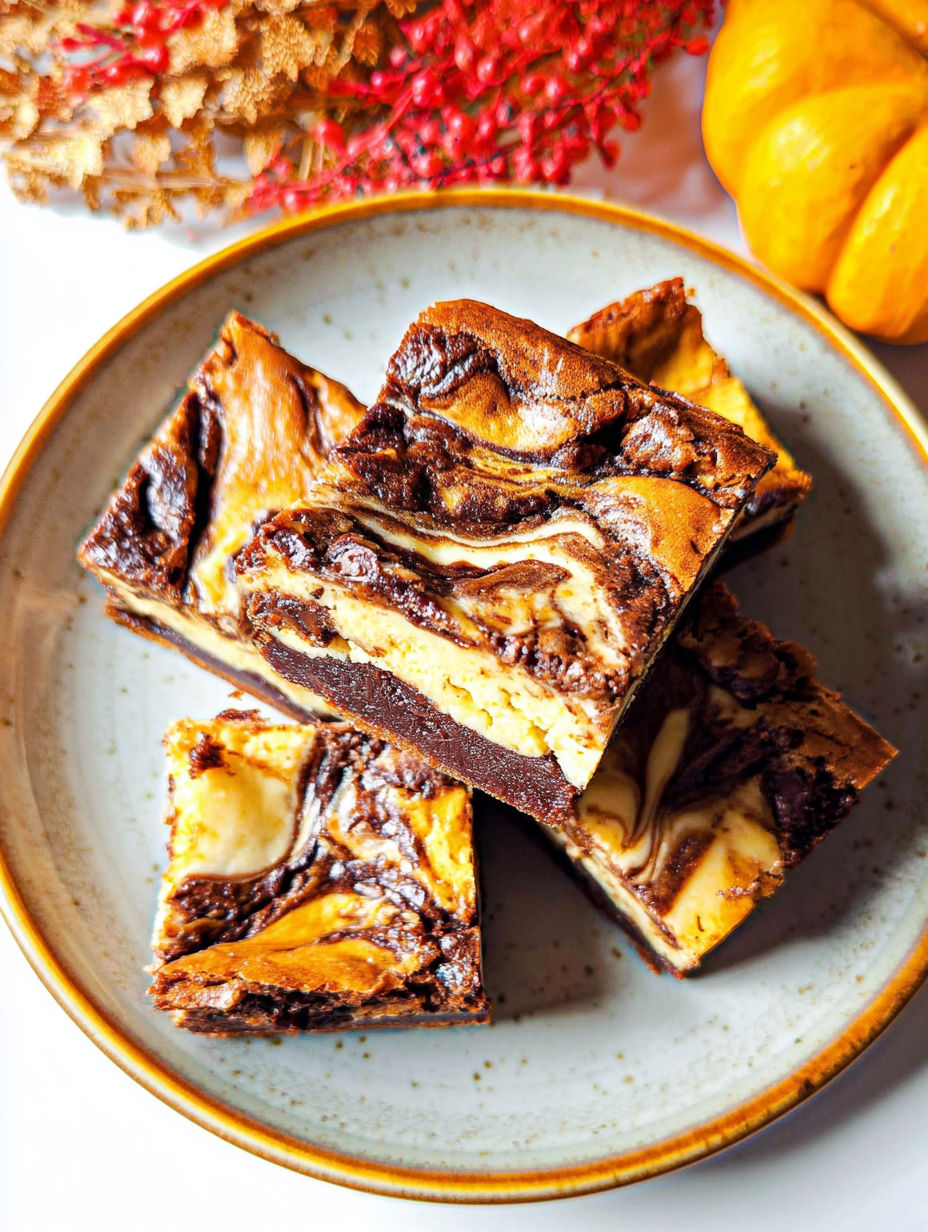 Ein Teller Brownies mit Kürbis-Cheesecake-Topping.