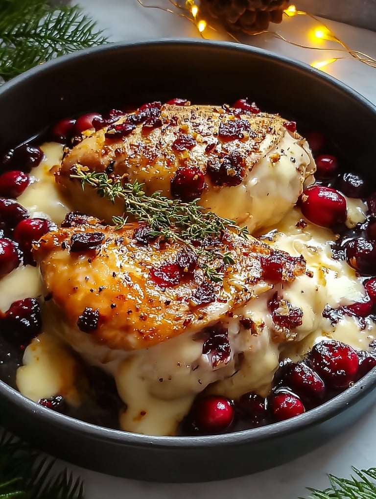 Ein Teller mit Hähnchen, Cranberries und Brie.