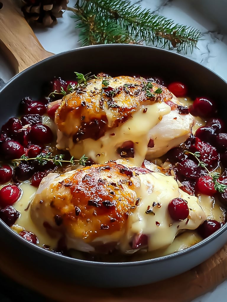Eine Pfanne mit Hähnchen, Cranberries und Brie.