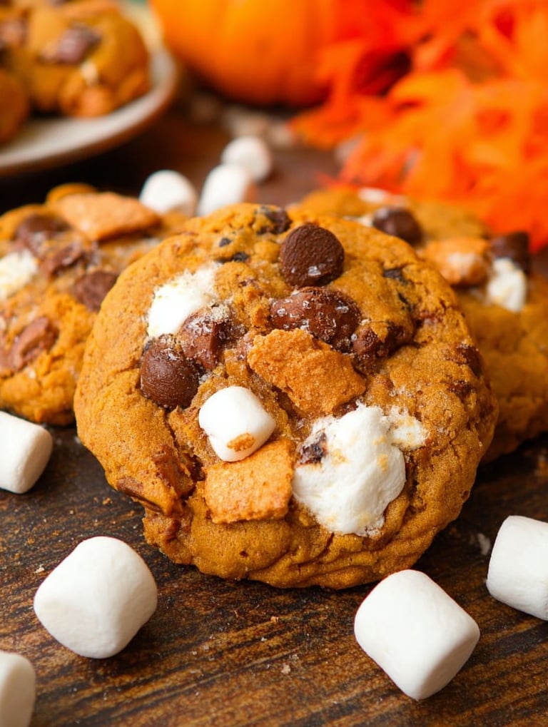 Nahaufnahme eines Schokokekses mit Marshmallows oben drauf.