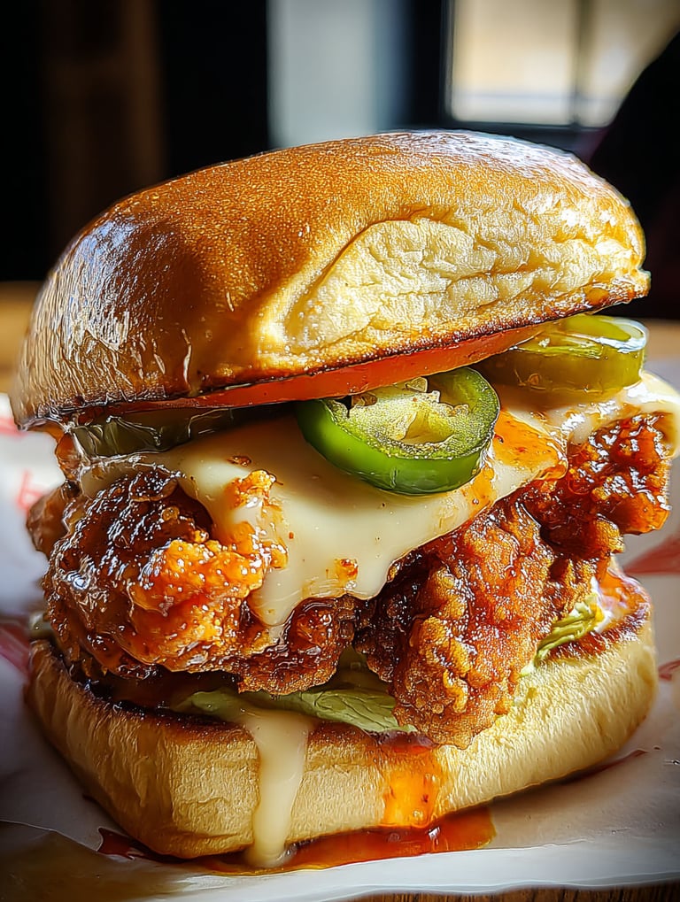 Ein knuspriges Hähnchen-Sandwich mit Honig und Jalapeño.