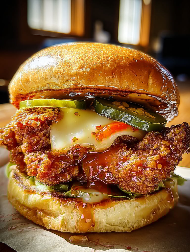 Ein knuspriges Hähnchen-Sandwich mit Honig und Jalapeño.