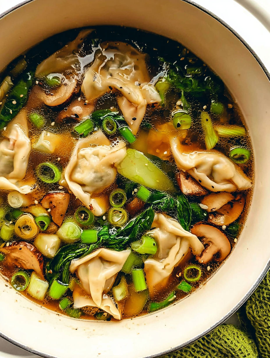 Eine Schüssel Suppe mit Pilzen, Spinat und anderem Gemüse.