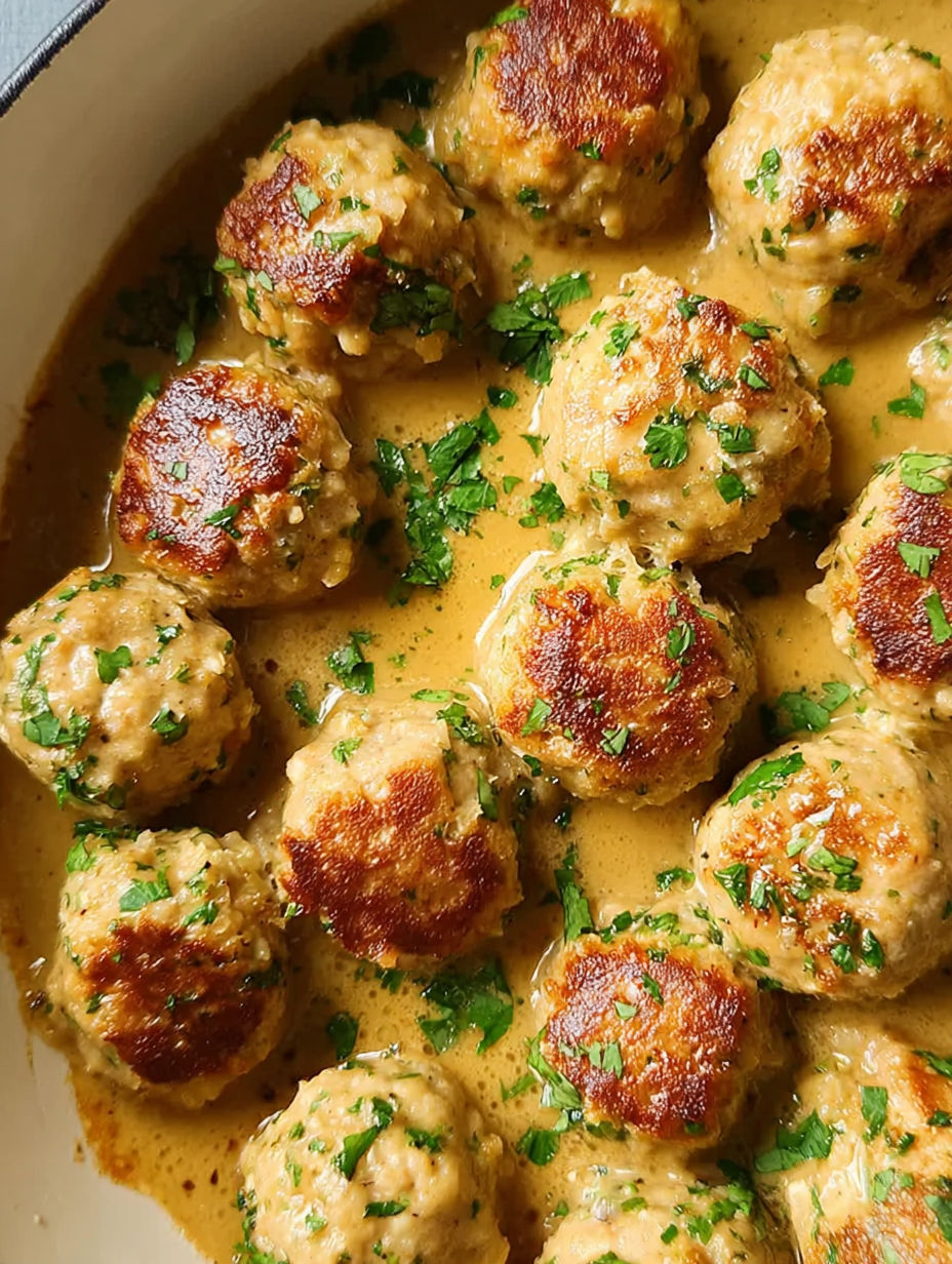 Eine Schüssel mit Fleischbällchen in cremiger Sauce.