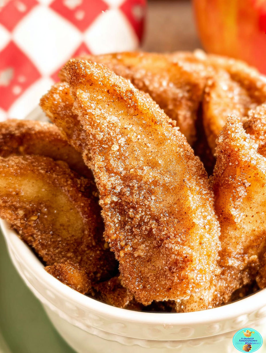 Eine Schale mit frittierten Äpfeln und Zucker.