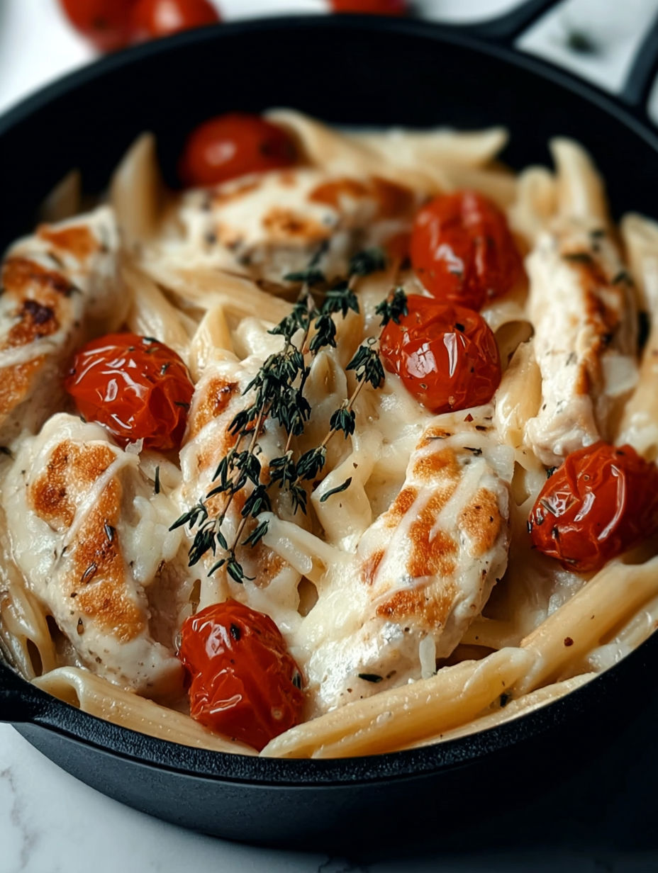 Ein Teller mit Huhn, Mozzarella und Pasta.