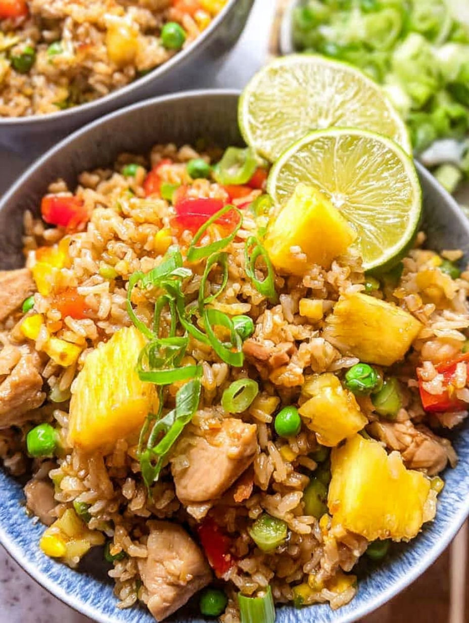 Eine Schüssel Reis mit Hähnchen und Ananas.