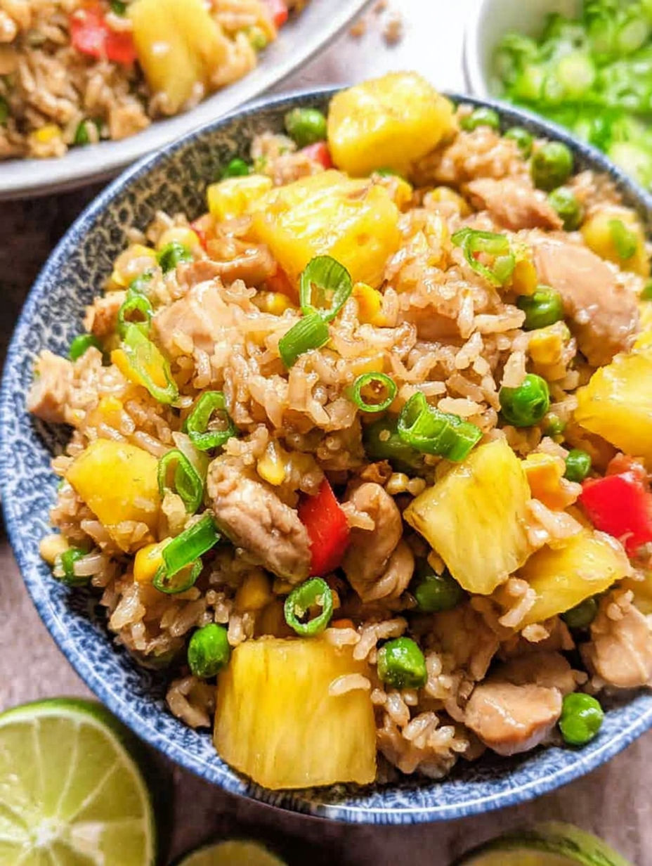 Eine Schüssel Ananas-Hähnchen-Reis.