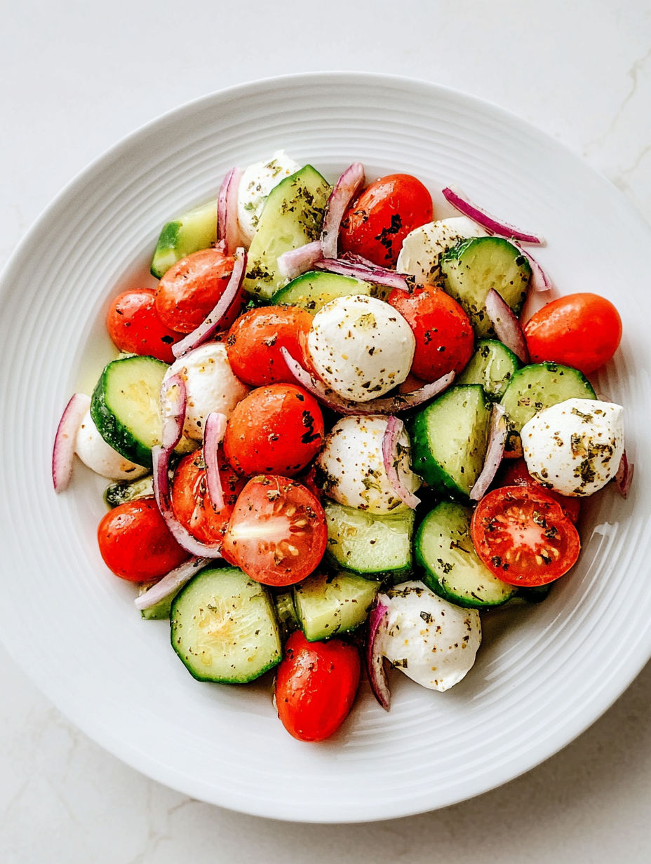 Weißer Teller mit Salat aus Gurke, Tomate, Zwiebel und Käse.