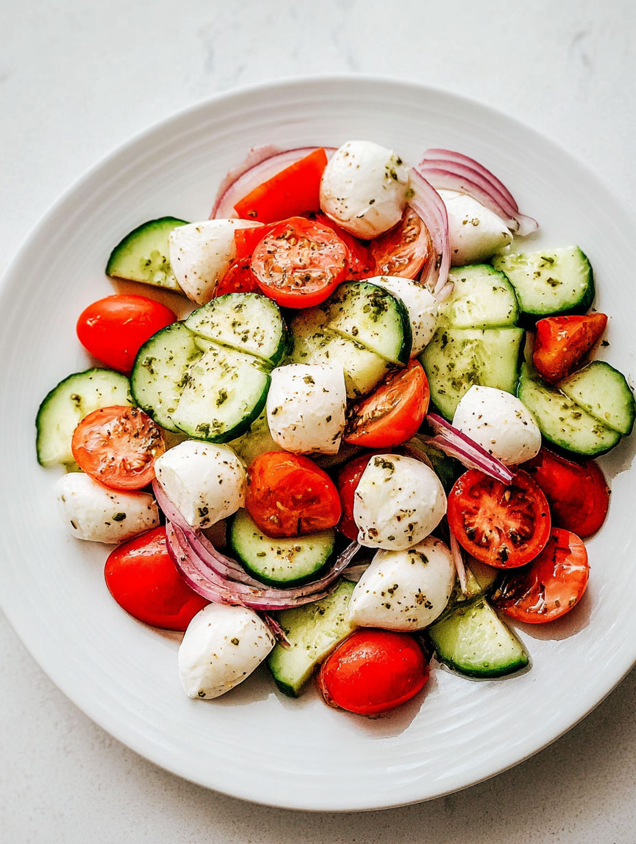 Ein weißer Teller mit einem Salat aus Tomaten, Gurken und Käse.