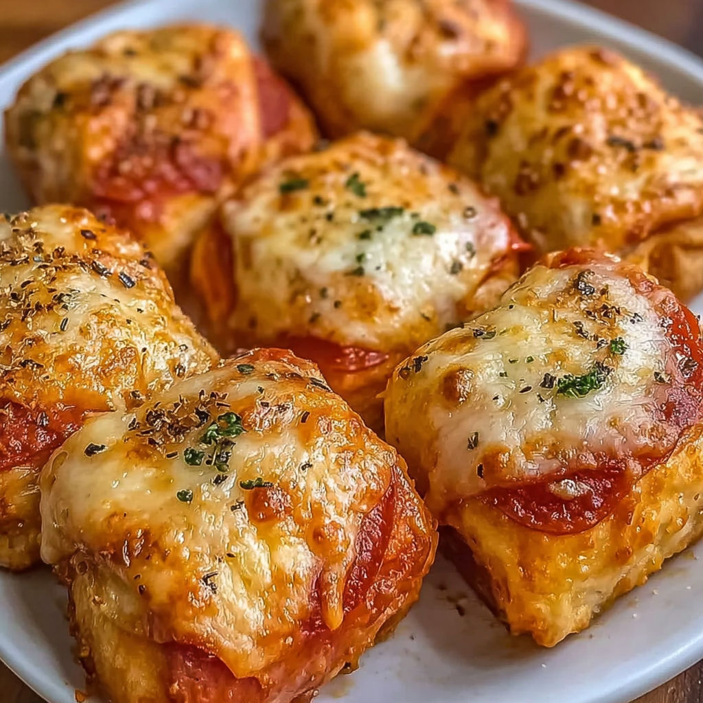 Heißluftfritteusen Pizza-Happen auf einem Teller.