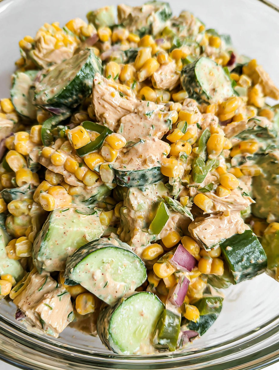 Schale mit Mais, Zwiebeln und Gurken.