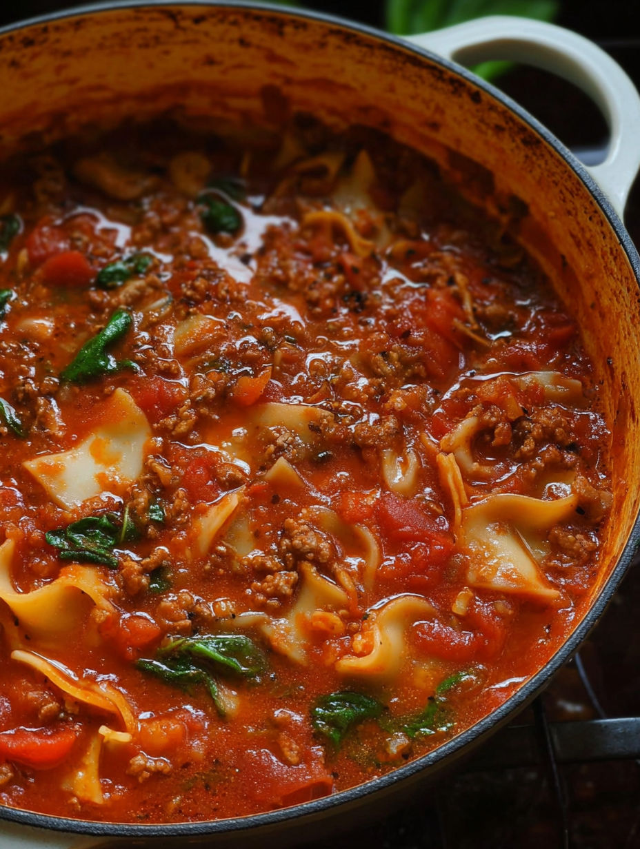 Nahaufnahme eines Topfs mit Lasagne-Suppe.