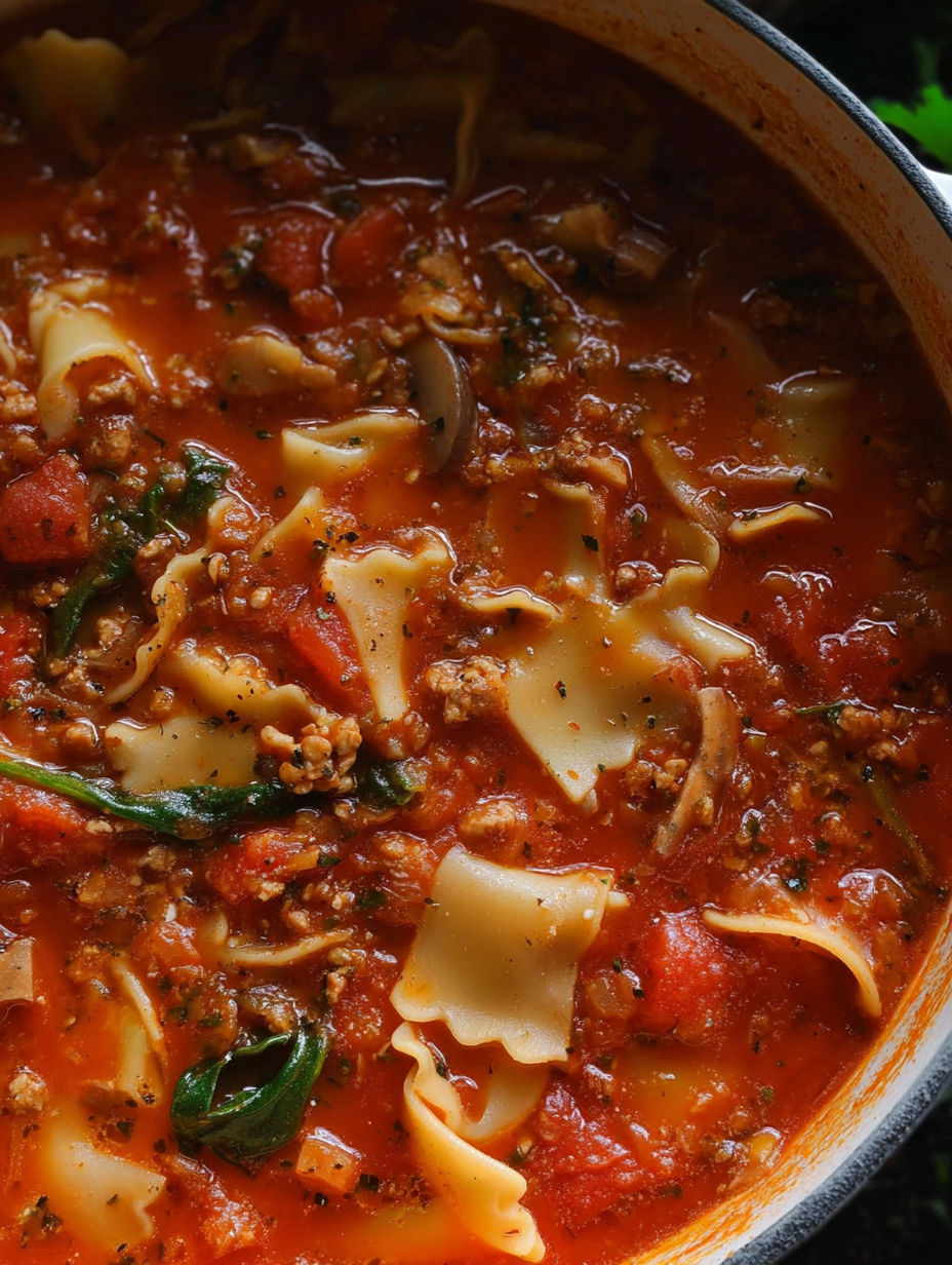 Nahaufnahme eines Topfs mit Lasagnesuppe.