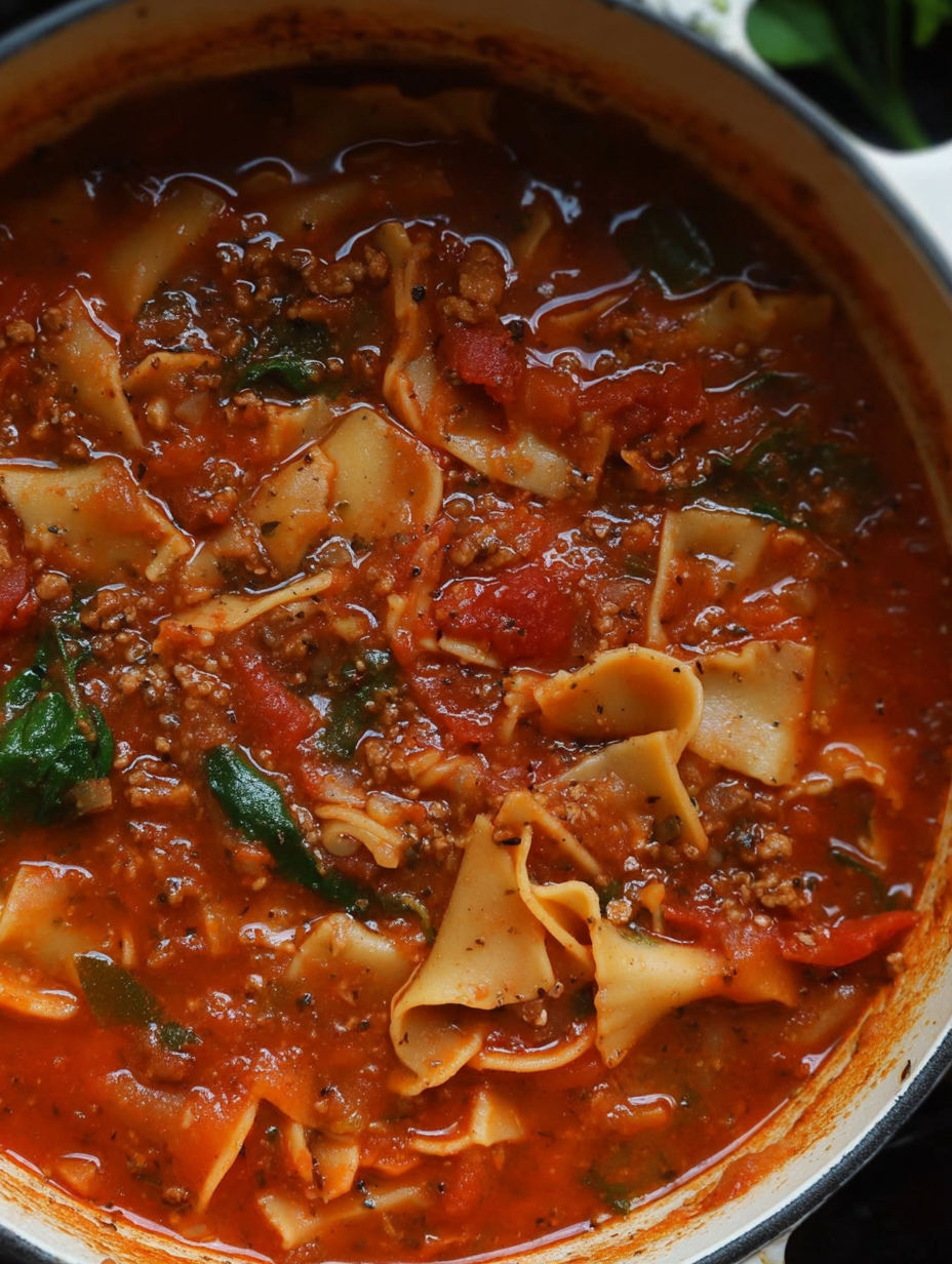 Nahaufnahme eines Topfs mit Lasagnesuppe.