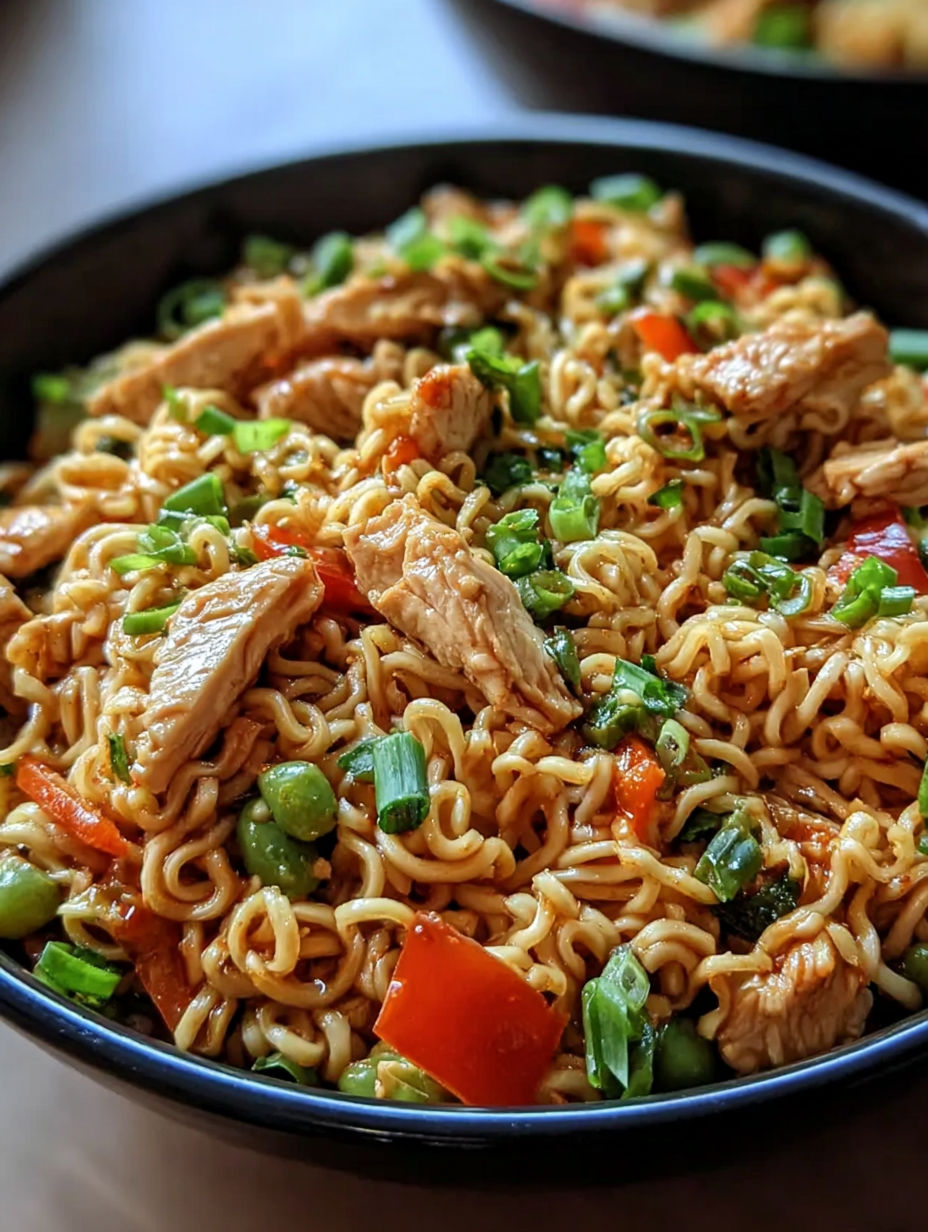 Eine Schüssel mit Hähnchenpfanne und Nudeln.