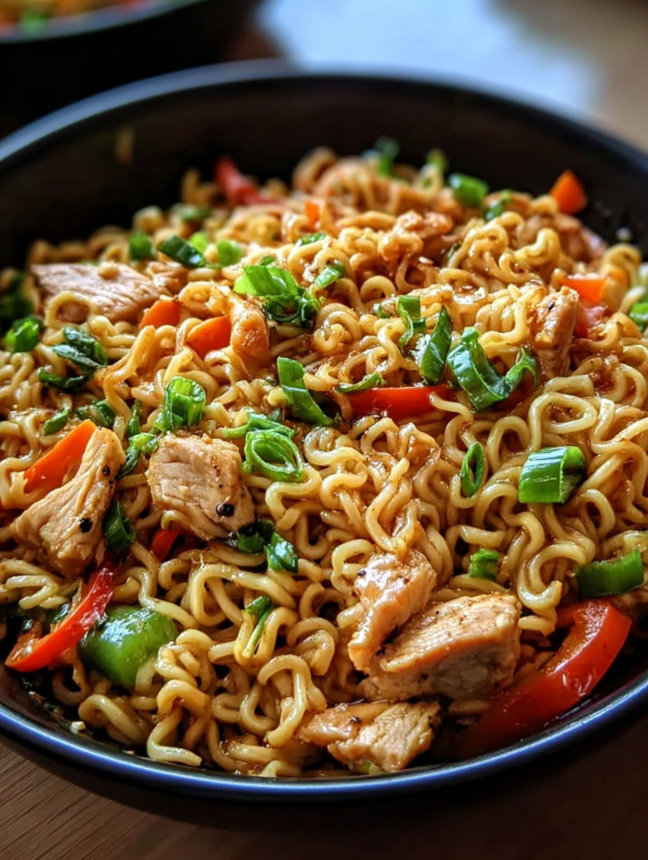 Eine Schüssel mit Hähnchenpfanne und Nudeln.
