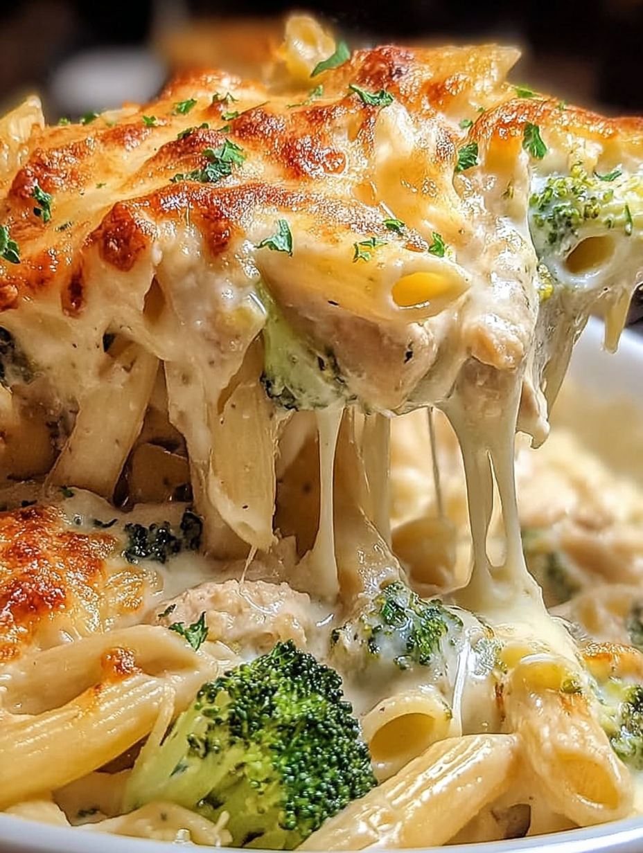 Nahaufnahme von Broccoli Hühnchen Auflauf mit Alfredo Sauce