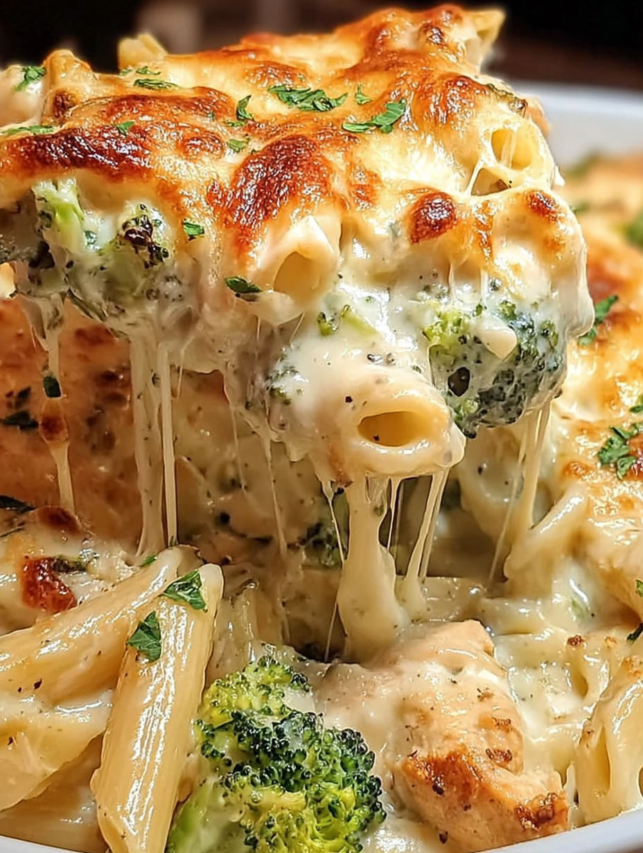 Nahaufnahme von einem Hähnchen-Brokkoli-Auflauf mit Alfredo.