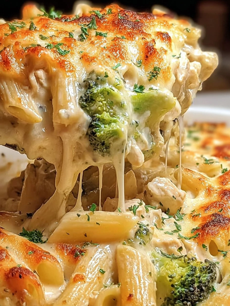 Nahaufnahme vom Hähnchen-Brokkoli-Auflauf mit Alfredo.