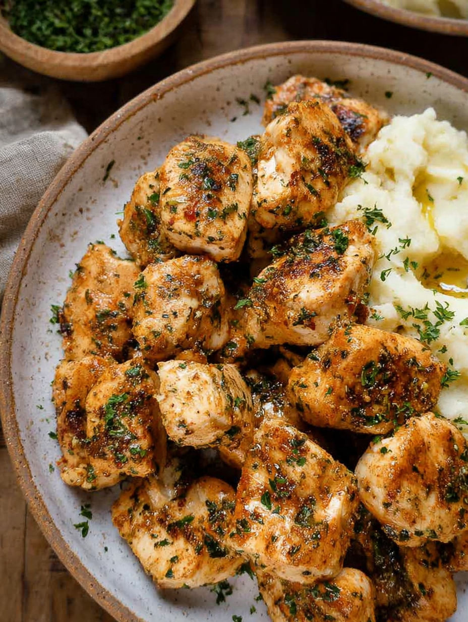 Ein Teller mit Hühnchenwürfeln und frischen Kräutern obendrauf.