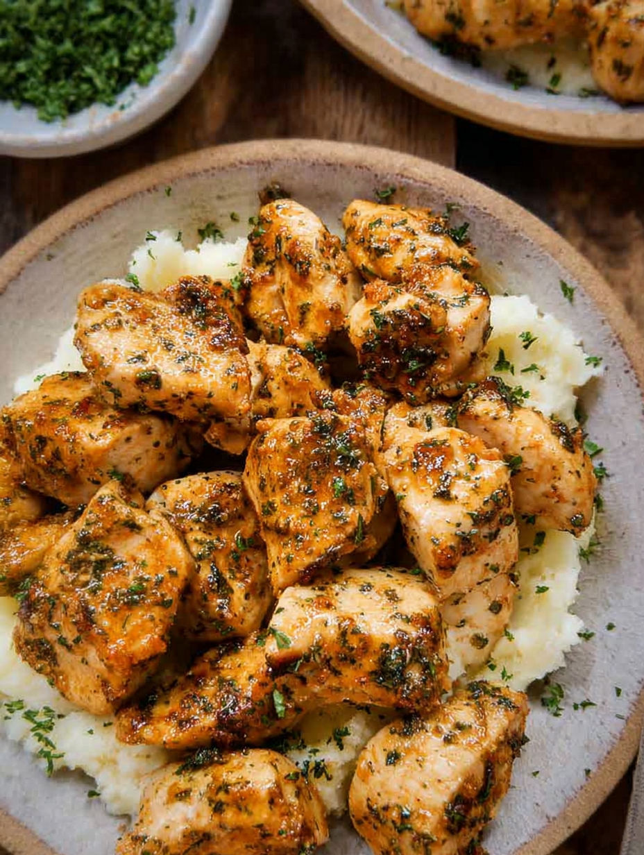 Ein Teller mit Hähnchenstücken und Kräutern.