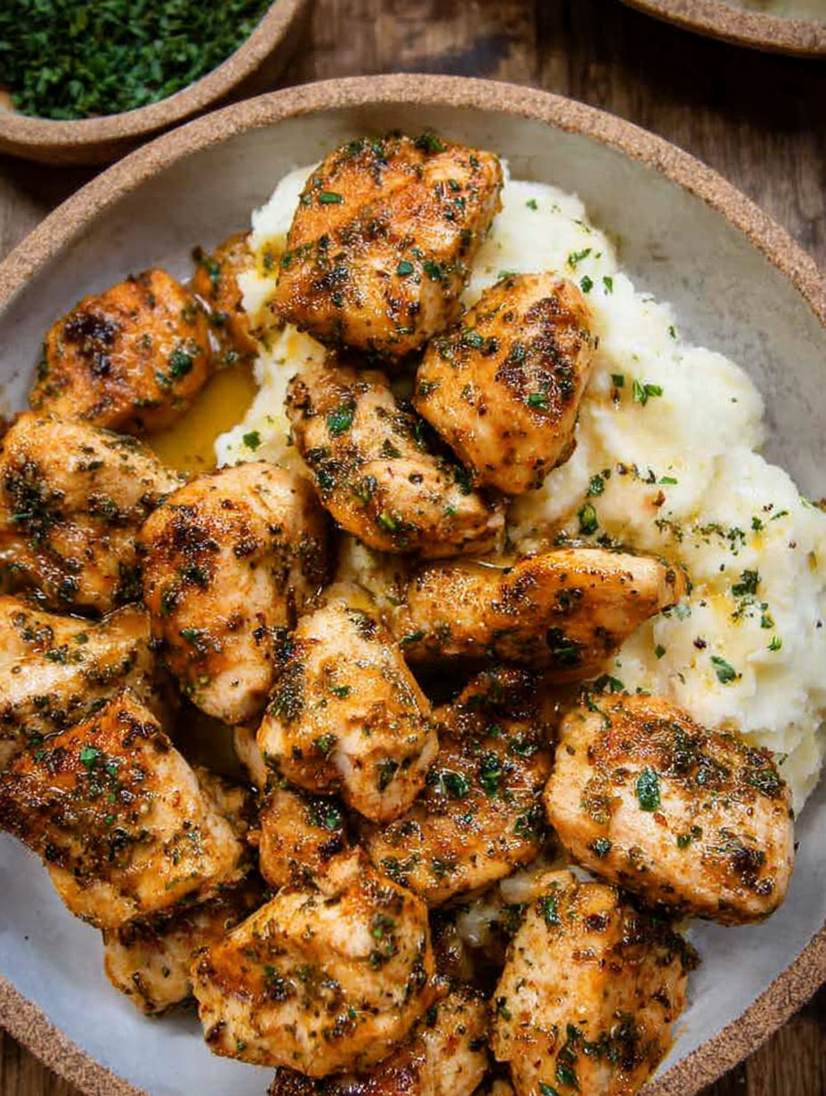 Ein Teller mit Hähnchenstücken und Kräutern.