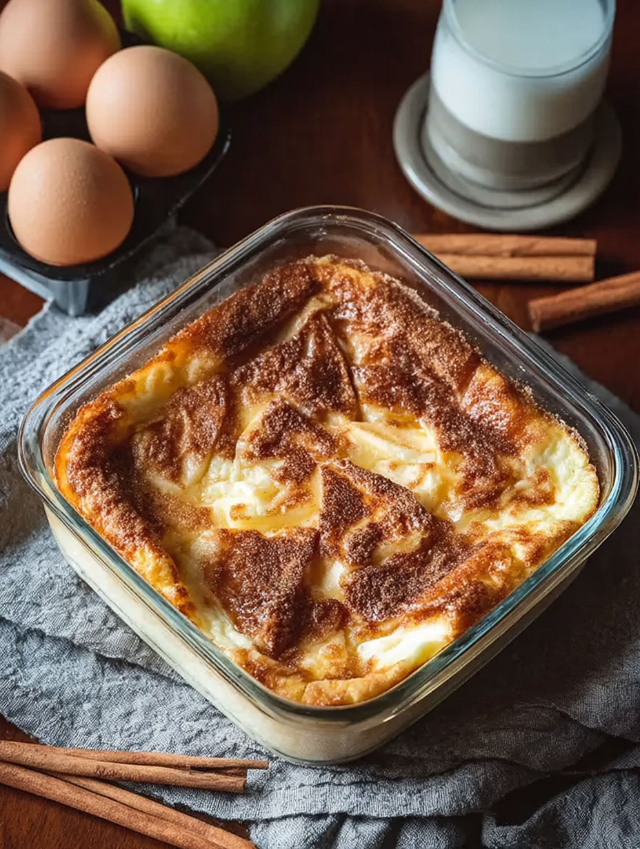 Glasform mit einem Apfel-Zimt-Quarkauflauf.