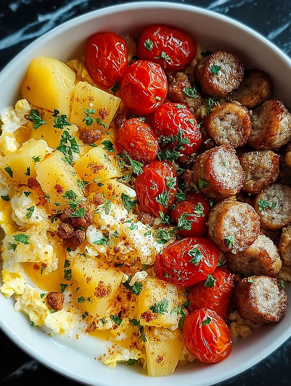 Schüssel mit Tomaten, Wurst, Kartoffeln und Eiern.
