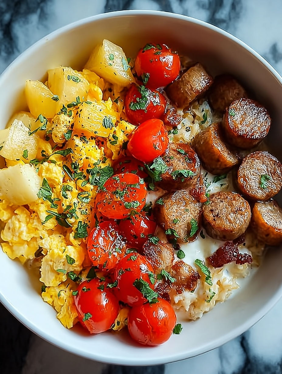 Schüssel mit Tomaten, Wurst, Kartoffeln und Eiern.