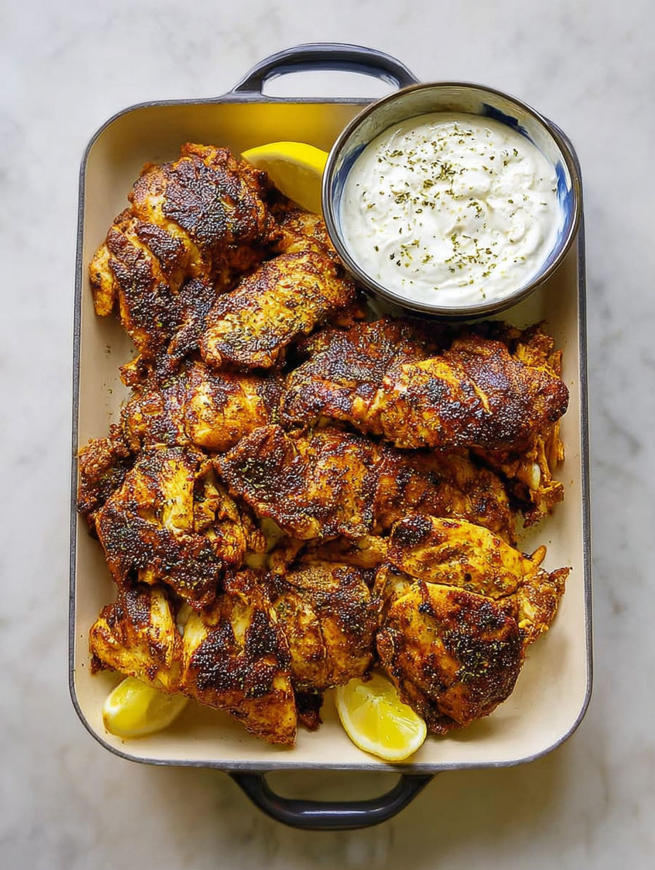 Ein Teller mit Hühnchen Shawarma und weißer Knoblauchsauce.