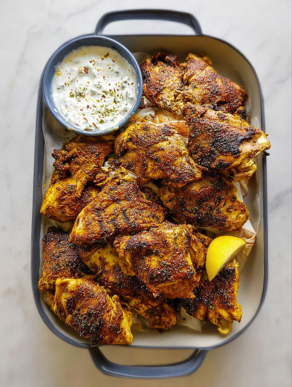 Ein Teller Hähnchen-Shawarma mit cremiger Knoblauchsoße.