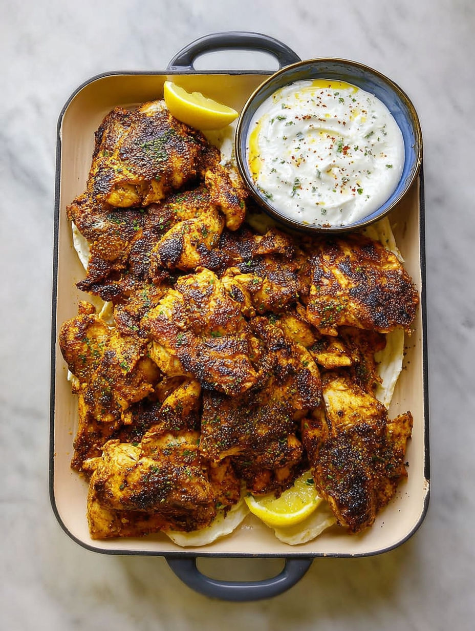 Ein Teller Hähnchen-Shawarma mit Knoblauchsoße.