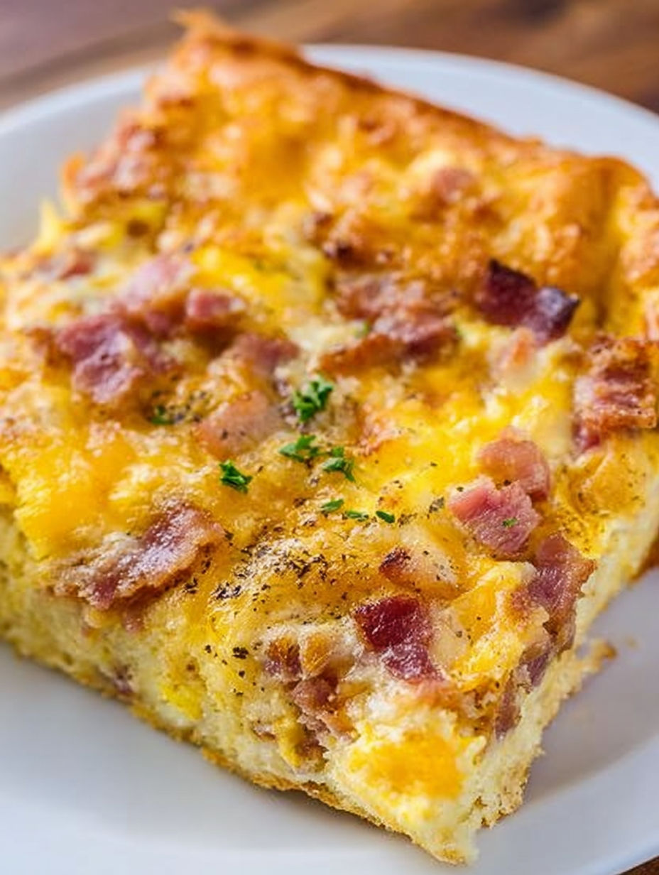 Ein Stück Auflauf mit Speck und Käse.