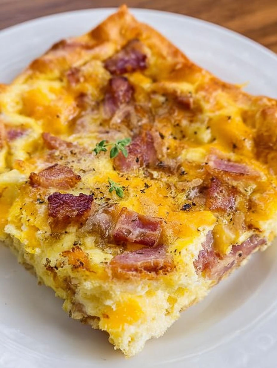 Ein Stück Frühstücksauflauf mit Speck und Käse.