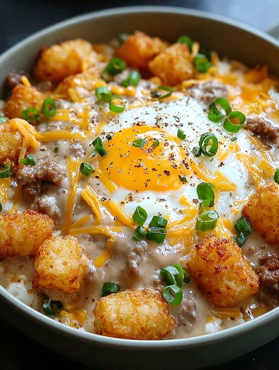 Eine Schüssel mit Tater Tots und Wurstsoße.