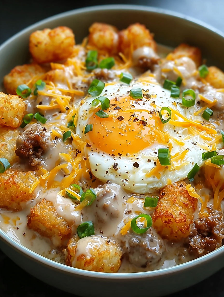 Eine Schüssel Tater Tots mit Würstchen-Soße