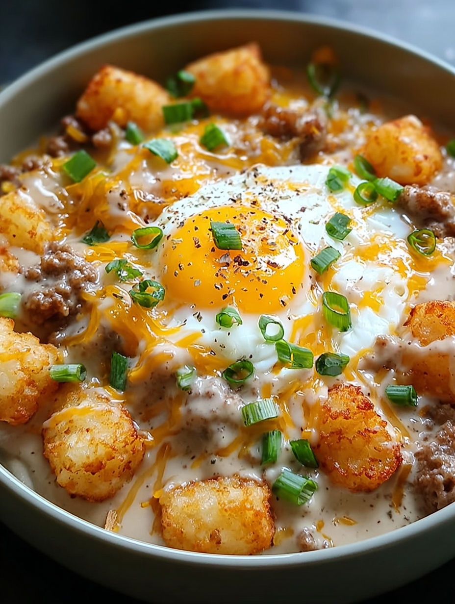Eine Schüssel Tater Tots mit Würstchen-Soße