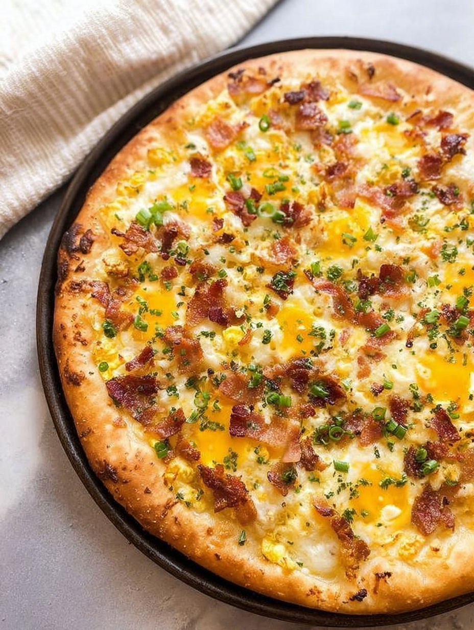 Eine Frühstückspizza mit Speck und Käse.