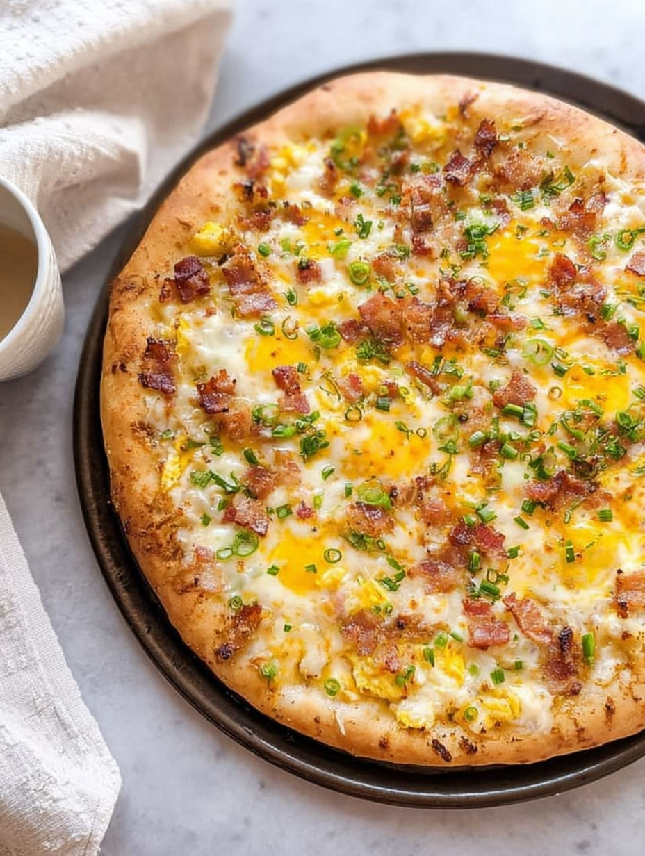 Frühstückspizza mit Bacon und Eiern.