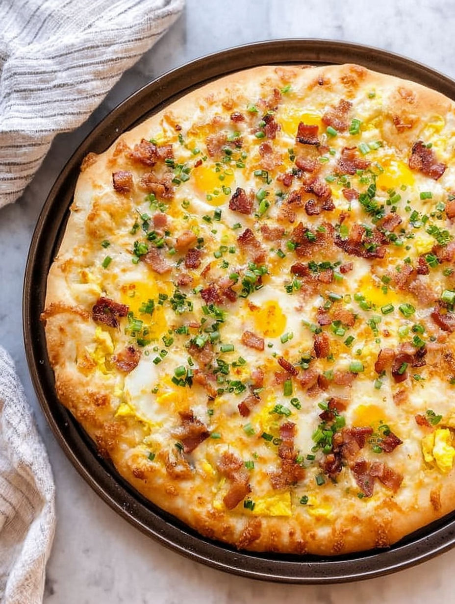 Frühstückspizza mit Bacon und Eiern.