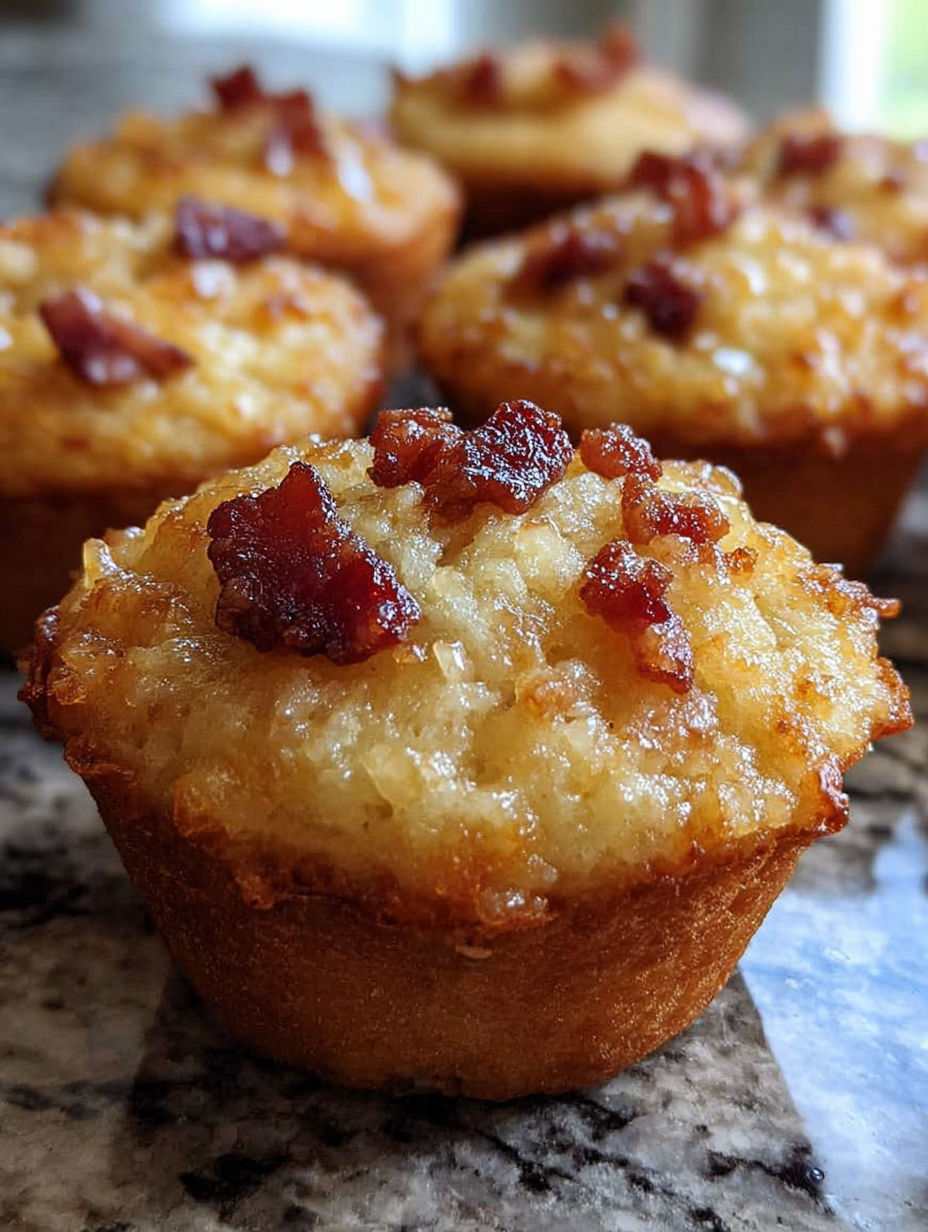 Muffins mit Ahornsirup und Speck auf einem Tisch.